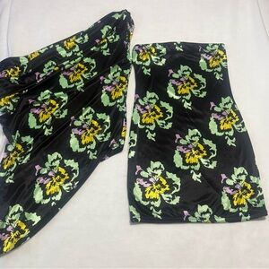 Black with Green & Yellow Flower Print Strapless mini dress with one sleeve